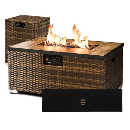 2-Piece Outdoor Propane Fire Pit Table w/Tank Holder, 32inch Handmade Rattan Wicker Firepit Ceramic Tabletop with Steel Lid 40,000 BTU Rectangle Fire Table Set for Patio, Deck, Backyard (Brown) - size: 32"
