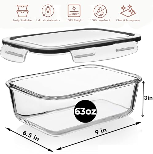 Razab 4 PC 1860ml / 63 Oz / 8 Cups Large Glass Food Storage Containers with Lids - Glass Meal Prep Containers for Roasting & Storing Leftover, Lunch Container with Lids, Microwave & Oven Safe - color: Black