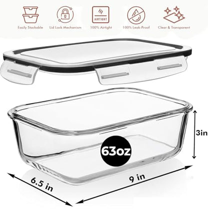 Razab 4 PC 1860ml / 63 Oz / 8 Cups Large Glass Food Storage Containers with Lids - Glass Meal Prep Containers for Roasting & Storing Leftover, Lunch Container with Lids, Microwave & Oven Safe - color: Black