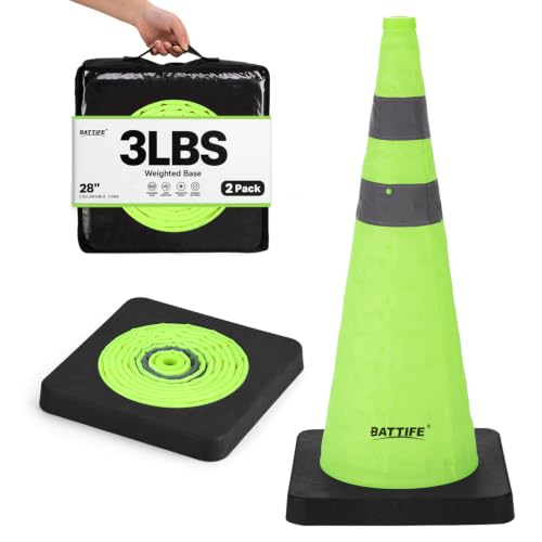 BATTIFE 28 inch Collapsible Green Traffic Safety Cones Weighted Base 2 Pcs - color: Green