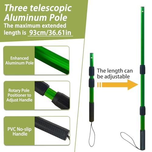 Telescoping Metal Lock Fishing Net with Handle Red Green 64" 52" Rubber Fish Net - Adjustable Length Lightweight Foldable Large Big Collapsible Extendable Fishing Net - color: black with green handle(3-section pole)