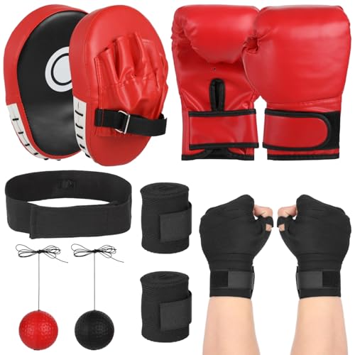 Boxing Equipment Set with Boxing Gloves, Punching Mitts, Boxing Reaction Ball, Hand Guards, Adjustable Headband, Flame Design Young Athlete Boxing Gloves for Boxing, MMA, Martial Arts Training