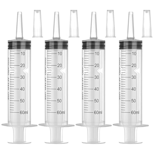 60ml Syringes without Needle for Liquid, Large Plastic Syringe with Adapter and cap for Pet Feeding, Plant Irrigation, Scientific Labs, Measuring Liquids, Individually Wrapped, 4 Pack