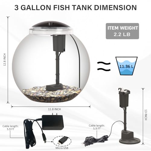 3-Gallon Aquarium Starter Kit, Ideal for Betta Fish and Other Tropical Fish, Includes Power Filter, LED Light, Hood, and Illustrated User Set Up Guide, Impact-Resistant Plastic
