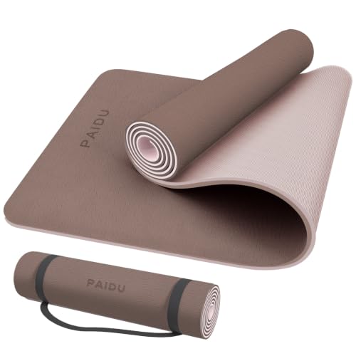 PAIDU POE Yoga Mat （10mm）Extra Thick Fitness Mat 72"x24" with Carry Strap | Non-slip, tear-resistant and suitable for all ages, perfect for yoga, Pilates, home gym and full-body workouts. - color: Dark Brown & Beige