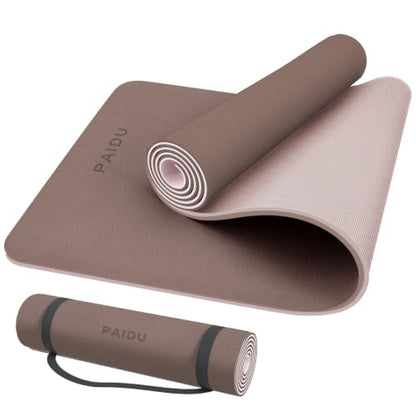 PAIDU POE Yoga Mat （10mm）Extra Thick Fitness Mat 72"x24" with Carry Strap | Non-slip, tear-resistant and suitable for all ages, perfect for yoga, Pilates, home gym and full-body workouts. - color: Dark Brown & Beige