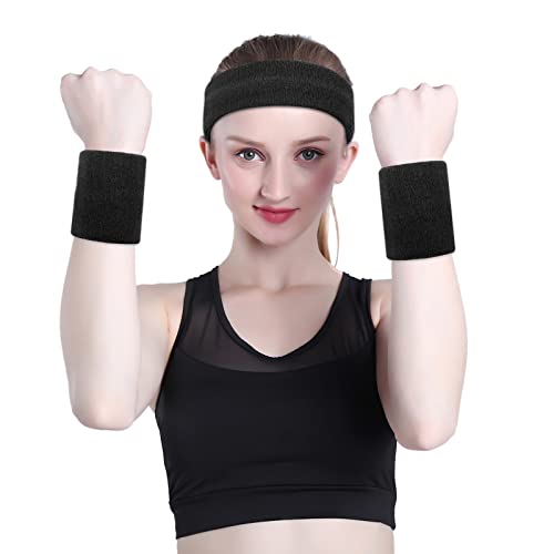 ONUPGO Sweatband Set Sports Headband Wristband Set Sweatbands Terry Cloth Wristband Wrist Sweatband Headbands Moisture Wicking Sweat Absorbing Head Band - color: Black