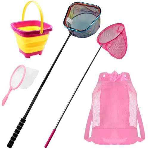 Kids Fishing Net Set – Telescopic Landing Net with Bucket, Small Butterfly & Bug Net, Storage Bag for Freshwater Lake Pond Garden Outdoor Activities - color: Pink