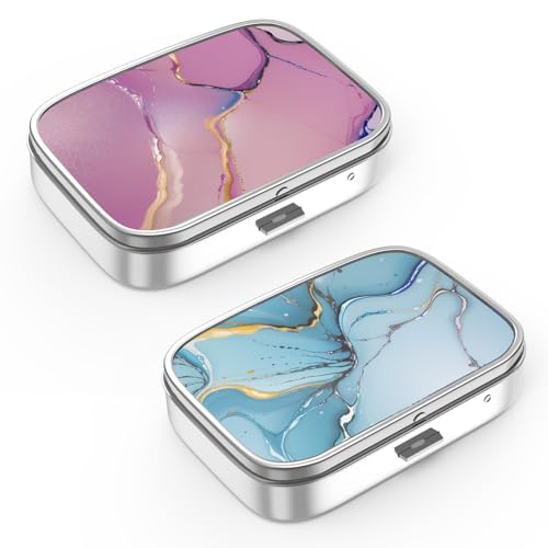 Pill Box 2 Compartment Small Pill Case,Portable for Pocket or Purse Pill Organizer Pill Container Holder to Hold Vitamins, Medication, Fish Oil and Supplements(2PCS) - color: Set-2-color Gradient+bule Marble, size: 2 Pieces