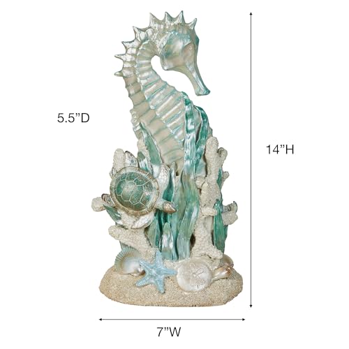 Touch of Class Coastal Seahorse & Sea Turtle Table Sculpture | Handpainted Pearlescent Metallic Ivory, Cool Blue, & Green Hues, Ocean Sealife, Coral Reef, & Seashells, Textured Sand Base