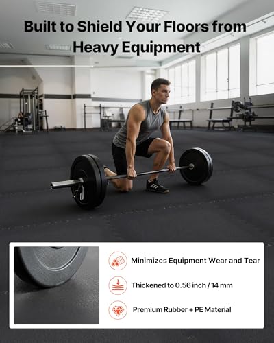 VEVOR 0.56Inch 48sq.ft 12 Tiles Gym Flooring for Home Gym, Rubber Top with High Density EVA Foam, 24 x 24In Gym Floor Exercise Equipment Mats, Interlocking Gym Mats, Puzzle Workout Mats, Black | Rubber Top with High Density EVA Foam, Lightweight Gym Floor