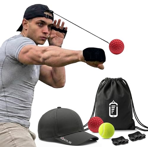 Reflex Ball Hat Kit for Boxing – 2 Speed Levels, Click-to-Adjust Metal Lock & Knuckle Guards | Cotton Hat Punch Ball Set for Reaction Time, Speed & Coordination Training | PunchLab App Compatible