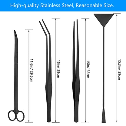 Aquarium Aquascape Tools Kit 15in, 4 in 1 Anti-Rust Aquatic Plant Aquascaping Tool Stainless Steel Tweezer Scissor Spatula for Aquarium Tank Clean Fish Tank Aquascape Accessories Set (black) - color: Black