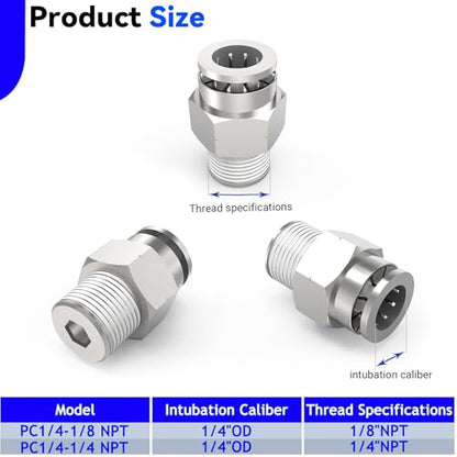 12-PACK 1/4" Tube OD x 1/8" NPT Thread Male Straight Nickel Plating Copper Push to Connect Fittings,PC-1/4-N1 Pneumatic Quick Connect Air Line Hose Fittings - size: 1/4" OD Tube x 1/8" NPT, style: Straight