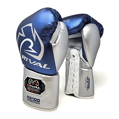 RIVAL Boxing RS100 Professional Lace-Up Sparring Gloves, Handcrafted with Super-Rich Microfiber PU, Ergonomically Designed to Perfectly Fit Your Hand - color: Blue/Silver, size: 18 oz.