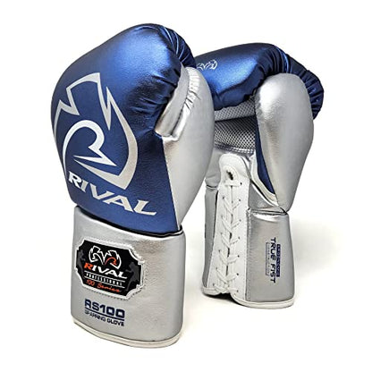 RIVAL Boxing RS100 Professional Lace-Up Sparring Gloves, Handcrafted with Super-Rich Microfiber PU, Ergonomically Designed to Perfectly Fit Your Hand - color: Blue/Silver, size: 18 oz.