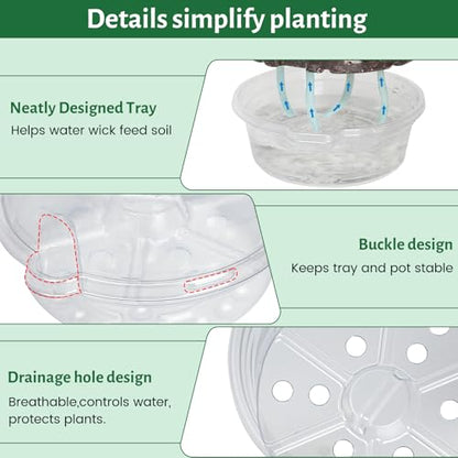 18 Pack 6.5/5/4 Inch Clear Self Watering Plant Pots with Bottom Water Tray & Watering Rope, Transparent Nursery Pots with Drainage for Seedlings, Herbs, and Houseplants