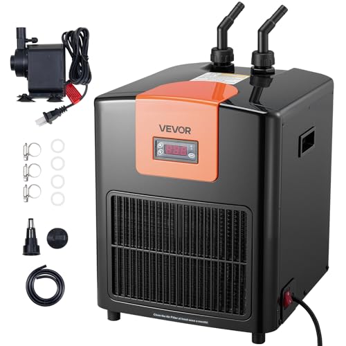 VEVOR Aquarium Chiller 110 Gallon, 1/3 HP Water Chiller for Hydroponics, Fast Cooling for Fish Tank,Axolotl,Coral Reef,Quiet Refrigeration Compressor, Titanium Evaporator,Complete Fittings - size: 14.49 x 13.07 x 16.85 inch