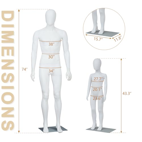 J-Sun-7 Mannequin Full Body - Male Kids Mannequin, Adjustable Manikin Body with Metal Base, Retail Mannequins Dress Form for Clothes, White - size: Male+Kids