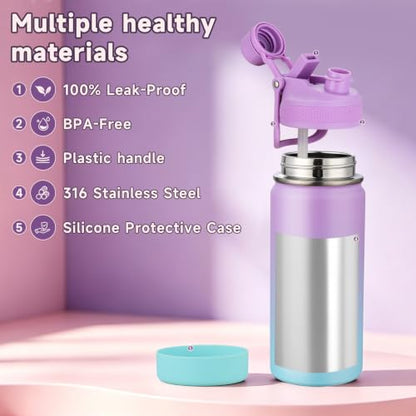 Kids Water Bottle for School Boys Girls，16 oz Water Bottle with 2-in-1 Lid 304 Stainless Steel Insulated Bottle - color: Violet 480