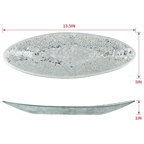 Small Glass Mosaic Decorative Silver Boat Shaped Tray, Living Room Table Centerpiece Bowl, Home Decor Accent Plate for Orbs, Candles, Potpourri