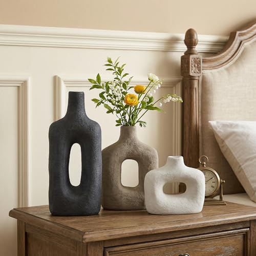 DREAMLOOM Ceramic Vase Set of 3, Modern Rustic Flower Vases for Pampas Grass, Dried & Fresh Flowers, Farmhouse Decorative Vase for Living Room Bedroom Kitchen Shelf Centerpiece, Rust