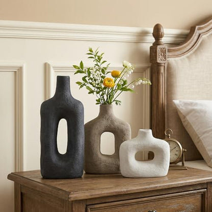 DREAMLOOM Ceramic Vase Set of 3, Modern Rustic Flower Vases for Pampas Grass, Dried & Fresh Flowers, Farmhouse Decorative Vase for Living Room Bedroom Kitchen Shelf Centerpiece, Rust