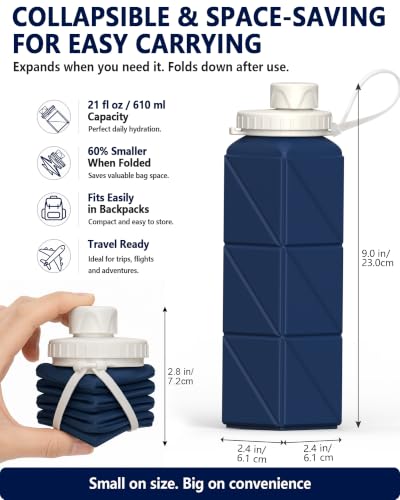 BEAUTAIL Collapsible Water Bottles 21oz/610mL, Silicone Travel Water Bottle | BPA Free, Leakproof & Reusable, Foldable Water Bottle for Traveling, Hiking, Gym, School, Sports, Outdoor, 1-Pack, Dark Blue - color: Dark Blue