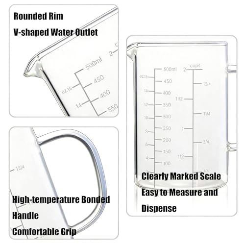 Glass Measuring Cup with Handle, 500 ML High Borosilicate Glass Three Scales (OZ, Cup, ML/CC) easuring Beaker for Kitchen or Restaurant, V-Shaped Spout Glass Measuring Beaker, Easy To Read