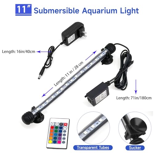 11inch RGB Aquarium Lights, Underwater Fish Tank Lights IP68 Waterproof Color Changing Adjustable Memory Submersible Remote Control Aquarium Tank Sucker Hood Strip Lamp Waterfall Lights - size: 11 Inch
