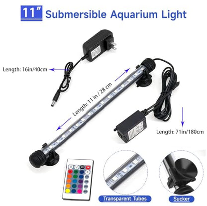 11inch RGB Aquarium Lights, Underwater Fish Tank Lights IP68 Waterproof Color Changing Adjustable Memory Submersible Remote Control Aquarium Tank Sucker Hood Strip Lamp Waterfall Lights - size: 11 Inch