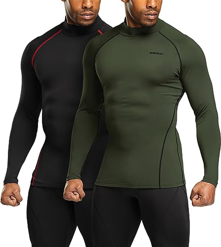 TSLA Men's Thermal Long Sleeve Compression Shirts, Mock/Turtleneck Winter Sports Running Base Layer Top - color: 2pack Black&red/Olive, size: X-Small