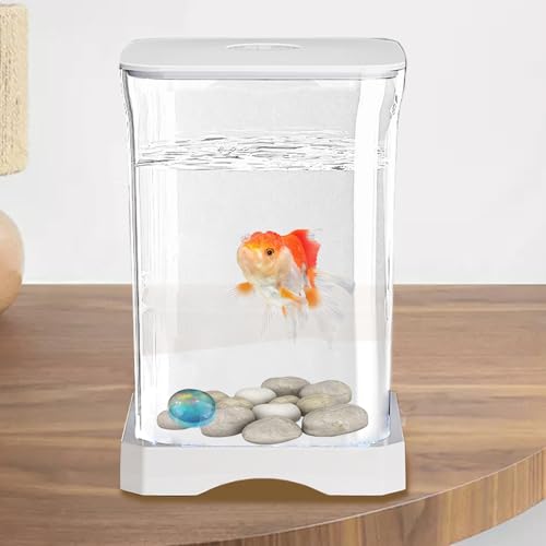 Small Fish Tank - LED Aquarium, Acrylic Mini Bowl with Feeding Hole, Compact Betta Container, Clear Stylish Design | Home Office Decoration, Desktop Display, Bedroom Aquarium, Small Aquatic Habitat - color: White