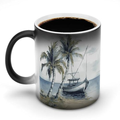 Palm Trees Fishing Boat Color Changing Mug Heat Changing Mug Ceramic Mug Heat Reactive Black Mug Tea Cup Message Appears As It Heats Birthday Holiday Gift for Family Friend