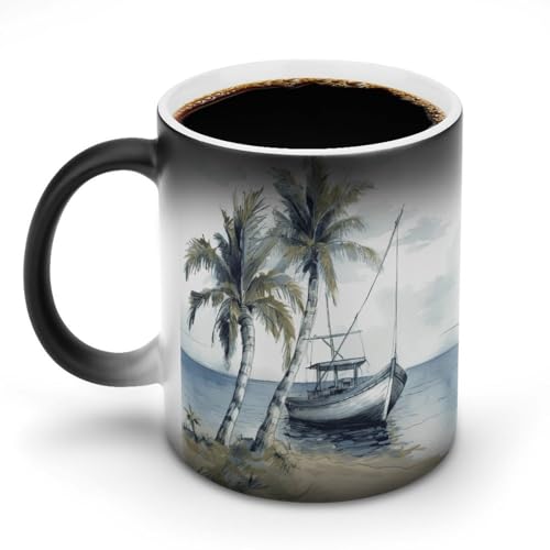 Palm Trees Fishing Boat Color Changing Mug Heat Changing Mug Ceramic Mug Heat Reactive Black Mug Tea Cup Message Appears As It Heats Birthday Holiday Gift for Family Friend