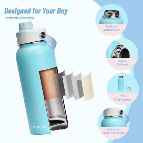 32 oz Insulated Water Bottle Sky Blue Stainless Steel Flask - color: Arctic Breeze