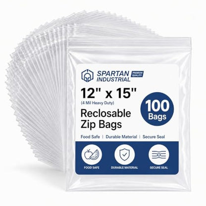 Spartan Industrial - 12” X 15” (100 Count) 4 Mil Thick Clear Reclosable Zip Plastic Poly Bags with Resealable Lock Seal Zipper - Heavy Duty and Durable - size: 12" X 15"