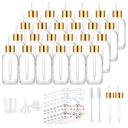 24 Pack 4oz Clear Glass Bottles with Golden Top Eye Droppers for Essential Oils, Perfumes & Lab Chemicals (Brushes, Funnels, Extra Droppers, Labels & Measuring Cup Included) - color: Gold