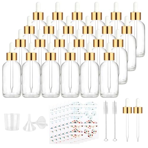 24 Pack 4oz Clear Glass Bottles with Golden Top Eye Droppers for Essential Oils, Perfumes & Lab Chemicals (Brushes, Funnels, Extra Droppers, Labels & Measuring Cup Included) - color: Gold