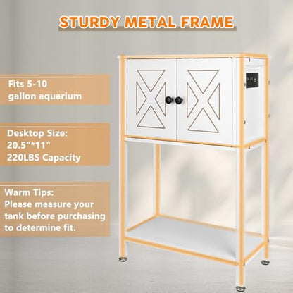 5-10 Gallon Fish Tank Stand, Heavy Duty Aquarium Stand with Cabinet & Power Outlets for Fish Tank Accessories Storage, Double Reptile Terrarium Stand 20.5" L* 11" W Tabletop, White