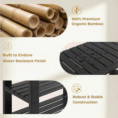 Bamboo Shoe Bench, 3-Tier Shoe Organizer Holds Up to 286 lb, Entryway Bench with Shoe Storage Suitable for Closet & Living Room, 11.22 x 27.56 x 17.91, Sleek Black - color: Sleek Black