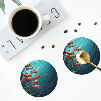 Drink Coasters Set of 4 Leather Coasters for Drinks Fish Aquarium Round Cup Mat Pad Easy Clean Bar Coasters Heat Resistant Funny Cup Coasters for Tabletop Protection,4 Inches
