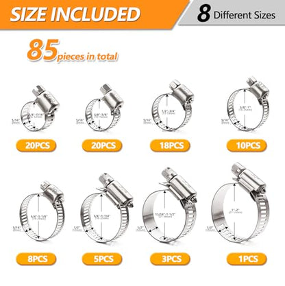 85PCS Hose Clamp Assortment Kit, Stainless Steel Worm Drive Clamps, Adjustable 1/4'' to 2'' (6-51mm) Worm Gear Hose Clamps for Plumbing, Automotive And Mechanical Applications - size: 85PCS KIT-HOSE CLAMP(1/4''-2'')