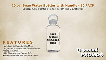 DISCOUNT PROMOS 50 Beau Water Bottles with Handle Set, 20 oz. - Customizable Text, Logo - Flexi-Grip, Plastic, Drinkware - Clear - color: - Custom - Clear, size: 50 bottles