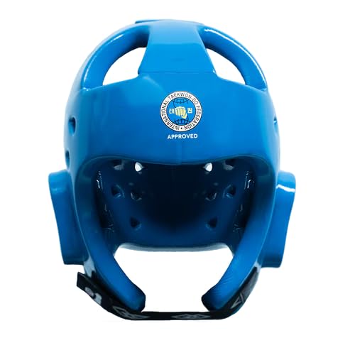 ITF Approved Taekwondo Head Guard – Red or Blue Sparring Helmet – Lightweight Foam Headgear Coated with Plastic Paint - color: Blue, size: Medium