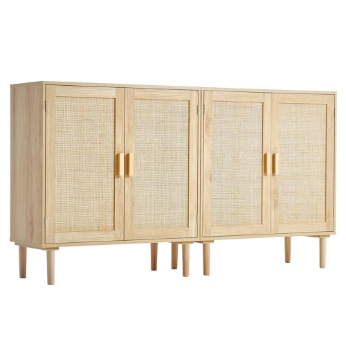VEVOR Rattan Buffet Cabinet with Storage, 4 Magnetic Doors and Adjustable Shelves, Sideboard for Hallway, Living Room, Kitchen, Natural