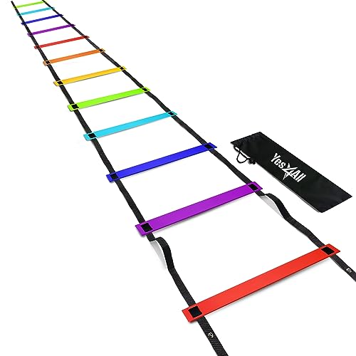 Yes4All Agility Ladder Speed Training Equipment, Adjustable Football Ladder for All Ages with Carry Bag, Durable, Portable, Multiple Colors & Rungs - color: F. 12 rung - Rainbow