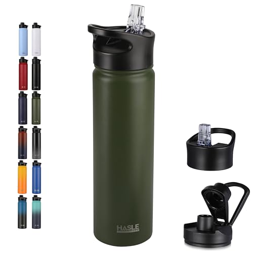 HASLE OUTFITTERS Insulated Water Bottle 22 oz Double Wall Stainless Steel Water Bottle Wide Mouth with Straw Lid & Spout Lid Keeps Cold or Hot(Army Green,1) - color: Army Green, size: 22 Ounces
