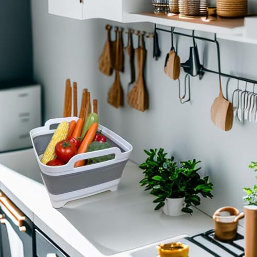 Collapsible Wash Basin with Drain Plug - 2.4 Gallon Foldable Kitchen Sink for Baby Bottles, RV Camping, Space-Saving Dish Tub (Gray)