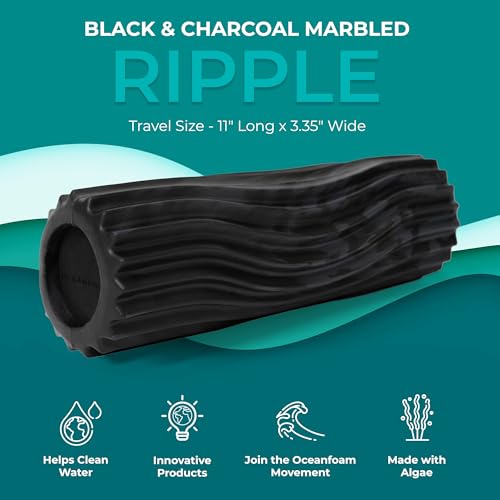 Oceanfoam Ripple Travel Foam Roller (11" x 3.35") Firm Mini Foam Roller for Physical Therapy, Deep Tissue Massage, Back Pain - High Density, Wave Textured - Yoga, Exercise (Black & Charcoal Marbled) - color: Black & Charcoal Marbled